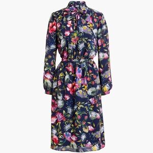 J. Crew Bold Stunning Floral Tie Neck Long Sleeve Elastic Waist Dress Size Small